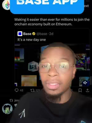 The cover image shows a man in front of a phone screen showing a tweet about the Base app. The man is smiling and wearing glasses. The tweet states it's a new day one in the onchain economy, and the Base app makes it easier than ever for millions to join the onchain economy built on Ethereum.