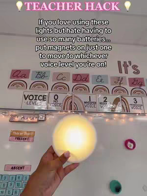 The image shows a whiteboard in a colorful classroom setting, used as a teaching tool. The board is mostly white, with colorful decorations and text. There are multiple cards with lettering and rainbows on them. A large, globe-shaped light is held up in the center, shining brightly, with a hand holding it.