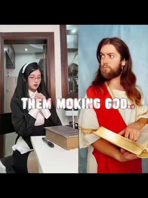 The cover image is split in half vertically. On the left side is a woman dressed as a nun, and on the right side is a man dressed as Jesus with an expression of disapproval. Text overlays the image.