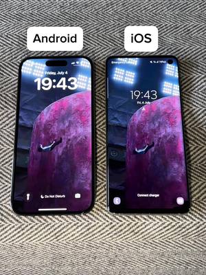 The image displays two smartphones side by side, both showing the same wallpaper featuring a purple and pink abstract design with a small figure element. The phone on the left, labeled 'Android' above it, appears to be an iPhone and has a notch at the display's top. The phone on the right, labeled 'iOS', has a hole-punch camera and is likely a Samsung Galaxy. Their screens display the time as 19:43 and exhibit the same background.