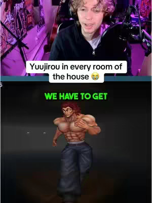 The image is split into two parts. The top shows a young man with curly blond hair facing the camera, the background is purple and dark.  Below, it transitions to a digital rendering of a muscular, semi-nude man with red hair. Text overlays on both images.