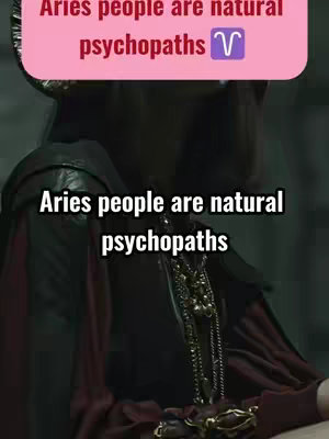 The image is a vertical composition featuring a dark-haired figure with a medieval-style outfit holding out their hands in front of them. Overlayed on the image are text boxes with phrases related to the Aries zodiac sign in distinct black and white lettering. The upper text box has a pink background with white capitalized text and an Aries symbol. The bottom text box uses a dark background with white, lowercase text.
