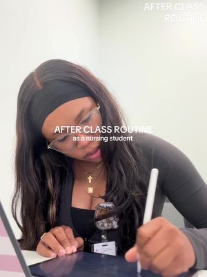 The cover image shows a person, likely a nursing student, working on a tablet. The person is wearing eyeglasses, and a headband. Text overlays indicate the video is related to a post-class routine.