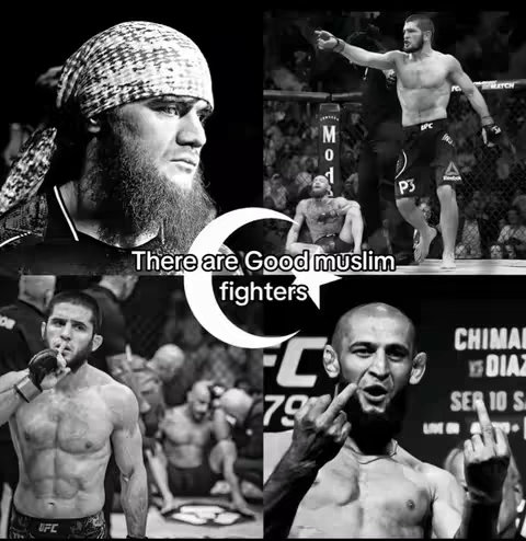 A black and white collage featuring multiple images of muscular men, some in MMA settings. Overlayed text declares 'There are Good muslim fighters', set against a crescent moon backdrop.