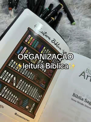 The image shows an open book with text and a decorative image of a bookcase. A set of colored markers are visible at the edge of the frame. Text overlays describe the content: "ORGANIZAÇÃO leitura Biblica".