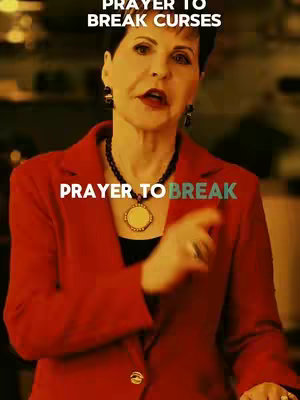 A woman with short, dark hair is centered in the frame, wearing a red jacket and a black necklace with a circular pendant. Text overlays read "Prayer to Break Curses" at the top and "Prayer to break" in white across her chest, on a background of soft, blurred colors.
