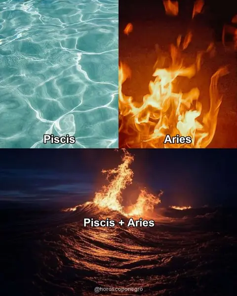 The image is a split composition. The top left quadrant shows rippling blue water, labeled 'Piscis'. The top right quadrant shows fire, labeled 'Aries'. The bottom shows a combination of fire and water, with the text 'Piscis + Aries' in front of what seems to be a dark seascape.