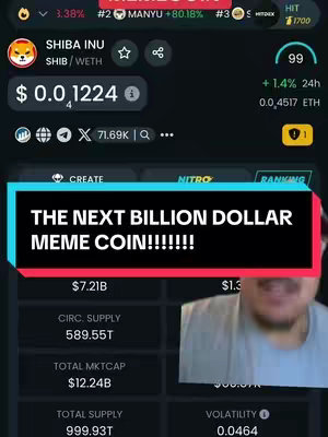 The cover image displays a screenshot of a trading platform, with a graph and figures. A neon-trimmed text box overlays the image with the text 'THE NEXT BILLION DOLLAR MEME COIN!!!!!!!'. In the bottom right corner, a man is visible, partially obscured.