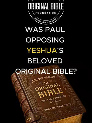 The cover image features a dark background with large, white text questioning, "WAS PAUL OPPOSING YESHUA'S BELOVED ORIGINAL BIBLE?". Below, a portion of a richly detailed, aged leather-bound book is visible, suggesting a Bible. The top of the frame includes a circular logo that reads "ORIGINAL BIBLE FOUNDATION" with text around the edge.