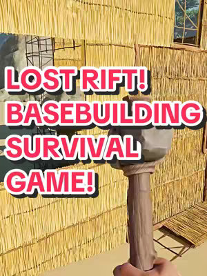 The cover image features a first-person perspective, likely from a video game. A handcrafted wooden structure with woven straw siding forms the background. In the foreground, a wooden club with a stone head is held extending outwards towards the viewer. Several lines of text overlay the image, describing the game's title and genre.