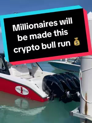 A cover image showing the back of a speedboat docked at a marina. The boat is white and red, with black engines. A text overlay at the top says "Millionaires will be made this crypto bull run" over a black and teal rectangle.
