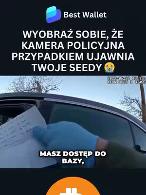 The video cover image shows a scene from a police bodycam, with a person's hand visible, holding a paper with writing on it inside a car. Text overlays include a warning about seed phrase security.