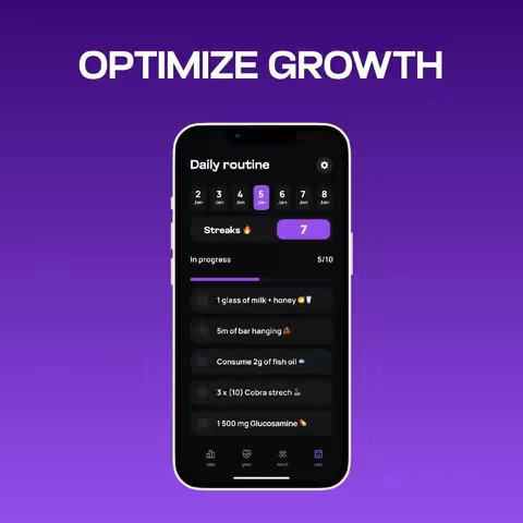 A phone displaying a daily routine app is centered on a purple gradient background. White text overlays the top. The app shows a black interface with white text and purple accents, displaying a numbered streak of '7' and a list of activities.