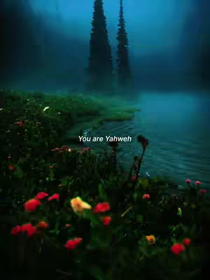 A serene landscape with a reflective body of water, lush green vegetation, and vibrant red flowers. Tall, dark trees stand in the background beneath a misty, blue sky. Text overlayed in white reads 'You are Yahweh'.
