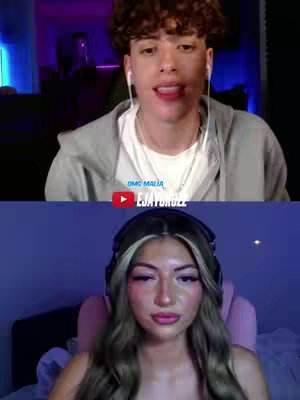 The cover image is a split screen showcasing a young man at the top, with curly hair, wearing a grey hoodie, and speaking, possibly into a camera. Below him is a fair-skinned woman with long hair and large headphones, in a potentially dim room, with a pink background. Both of them show signs of them vlogging.