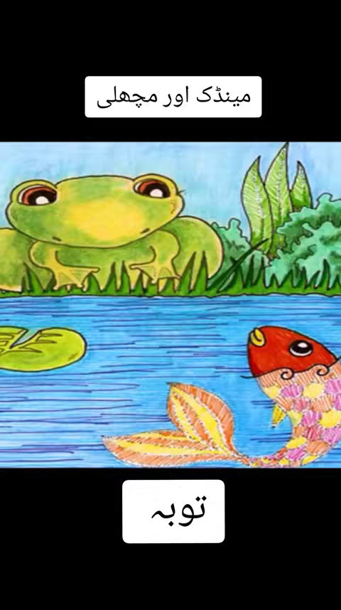 An illustrated image with a light blue watery background. There's a green frog sitting on a green leaf above the water, and a red and yellow fish under the water. There is text added on top and on the bottom, in a box.