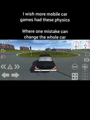 The cover image shows gameplay from a car simulation game. The game's interface, including steering controls and a speedometer, are visible at the bottom of the screen. The car is the focus, positioned on a circular road surrounded by buildings. Text overlays provide commentary on the game physics.