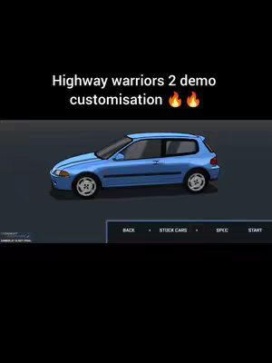 A cover image of the mobile game 'Highway Warriors 2', showing a blue car from a front-side angle against a dark background. Text overlays detail the game's demo customization.