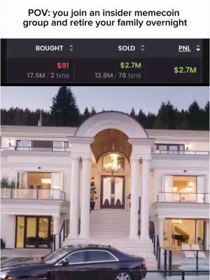 The image is of a luxury mansion with a car parked in front. Above it, overlaid text shows financial data related to a memecoin, including bought, sold, and profit/loss amounts, suggesting a connection between cryptocurrency and wealth.