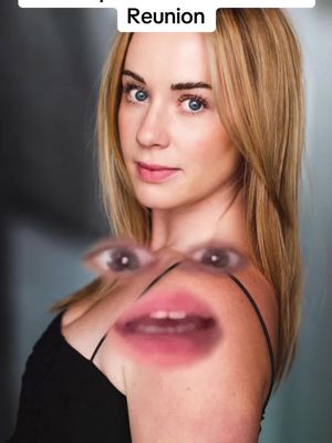 A woman with blonde hair is seen from the chest up, posing slightly towards the left. Overlaid on her body is an animated face comprising eyes and a mouth, creating a playful or comical effect. The background is a blurred, neutral tone.