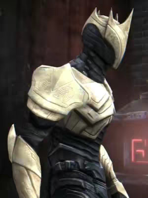 A side view of a person wearing a futuristic armor, with a light-colored metallic plating over a dark, possibly black, body suit. The armor includes shoulder pads, chest plates, and a helmet, all with a detailed, segmented design. The background is indistinct, but seems to be an urban setting.