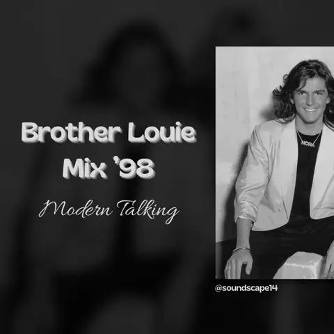 A black and white image featuring a man with long hair and a light-colored blazer, offset by a blurred background that resembles a silhouette. Text overlaid includes the title 'Brother Louie Mix '98', alongside the artist's name and a social media handle.