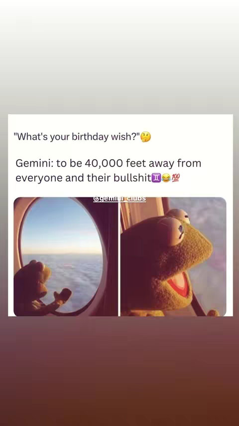 A split image featuring two panels. The left panel shows a figure resembling Kermit the Frog looking out of a plane window, with the sky visible outside. The right panel features the same figure but is a close-up of its face, with an expression of surprise. Above, text is overlaid, asking "What's your birthday wish? Gemini: to be 40,000 feet away from everyone and their bullshit".