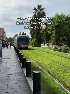 The image shows a train moving along a track bordered by lush green grass and palm trees. On the left side of the track, there's a sidewalk where people are walking.