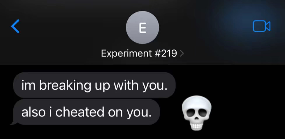 The image is a screenshot of a text message conversation displayed on a black background. The text bubbles are white with black text. The first message reads, "im breaking up with you." and the second reads, "also i cheated on you." A skull emoji is placed at the bottom right. The top of the image shows an icon for the back arrow and a profile icon.