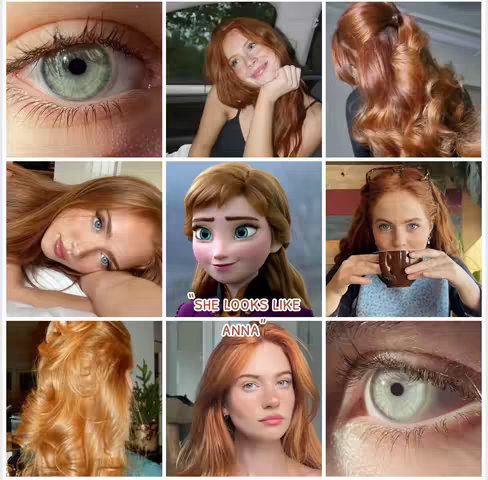 A collage of nine square images. The central image features an animated character from the movie Frozen in the likeness of a redhead. The other images show various photos of redheaded women, including one close-up of an eye and a photo of the woman holding a mug near her face.