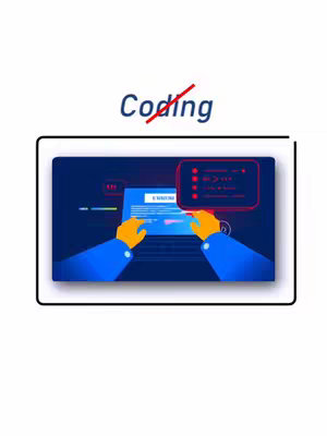 The cover image shows an illustration of a person using a laptop. The screen displays an app interface, with the words 'Coding' crossed out above the laptop. The background is white with a black border around the laptop screen.