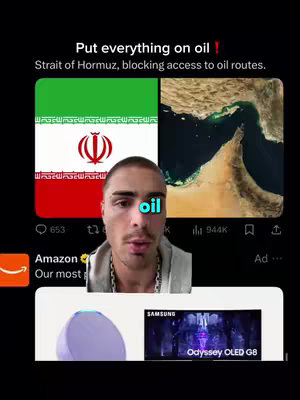 A man's face is in the foreground with a text overlay that says "oil". Behind him is a split screen. The left side displays the Iran flag, and the right focuses on a map.