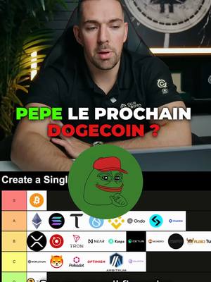 The cover image features a man in a black polo shirt, positioned against an unclear background that possibly shows a part of a room. Overlaid on the image is a green text overlay reading "PEPE LE PROCHAIN DOGECOIN ?", with "PEPE" in a bright green color and "DOGECOIN ?" in red. Further down, a tier list of cryptocurrencies is visible, with "Bitcoin" labeled "S" tier and a few meme coin logos at the bottom. A green circle with the Pepe the Frog character wearing a red cap is at the bottom, seemingly placed between the creator and the tier list.