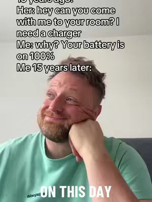 The cover image features a light-skinned man with reddish hair and a trimmed beard, positioned against a solid white wall. He's wearing a light green t-shirt and has a thoughtful expression, resting his cheek on his hand. The image is overlaid with text at the top, setting up a humorous narrative, and the words "ON THIS DAY" are positioned near the bottom in a white, sans-serif font.