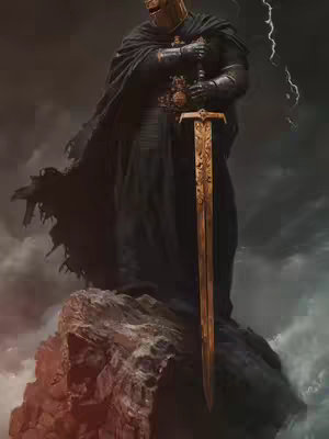 An illustrated image of a knight in dark, ornate armor standing atop a rocky outcrop. The knight holds a golden sword, and a dark, flowing cloak billows behind them. The background is a stormy sky with lightning bolts.