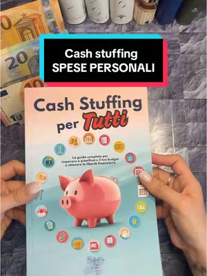 The cover image shows a book titled "Cash Stuffing per Tutti" held by a person's hands. Above the book, the text "Cash stuffing SPESE PERSONALI" is overlaid on a teal and black color block. Euro banknotes are visible to the left. Behind the book are a few items.