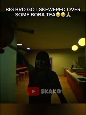 The cover image features a scene from a horror game. Text at the top reads, "BIG BRO GOT SKEWERED OVER SOME BOBA TEA." The image shows a dimly lit interior with a silhouetted figure holding a weapon. A YouTube logo with "SKAKO" written on it is visible at the bottom.