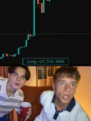 The cover image shows two young men reacting with wide eyes and open mouths to something off-screen. Above them is a chart of green and red candlesticks, indicating a financial analysis.