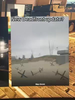 The cover image displays a scene from a video game, showing what seems to be a beach area with defensive structures. The sky is overcast, creating a muted color palette. The game interface features a notification in the bottom-left corner. The video contains the text overlay "New Deadfront update?"