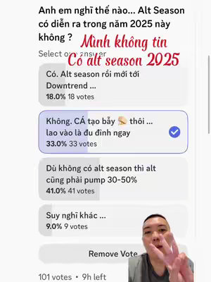 The cover image shows a screenshot of what appears to be a poll or a survey question with multiple choice answers about the potential occurrence of an Alt Season in 2025. In the lower right corner, the face of a man is visible, suggesting the uploader is discussing this topic. On the image, there are responses and vote percentages highlighted, and large red text declaring the poster's negative view on whether Alt Season will occur in 2025.