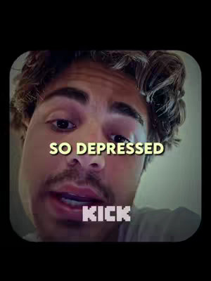 A close-up shot of a young man's face with overlaid text. The man has short, dark hair and a slightly open mouth. Text overlays read "SO DEPRESSED" in a bold, yellow font and "KICK" in white.