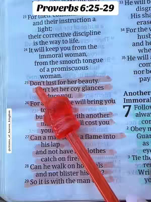 An image of a Bible open to Proverbs 6:25-29, with the title "Proverbs 6:25-29" in the top left. The text highlighted in pink with a highlighter includes "Don't lust for her beauty.". A red marker points at the text.
