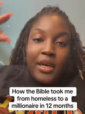 The cover image shows a close-up of a Black woman speaking. Text overlayed across the bottom reads, "How the Bible took me from homeless to a millionaire in 12 months." The woman has braided hair and is gesturing with her hand. The background is blurry and out of focus.