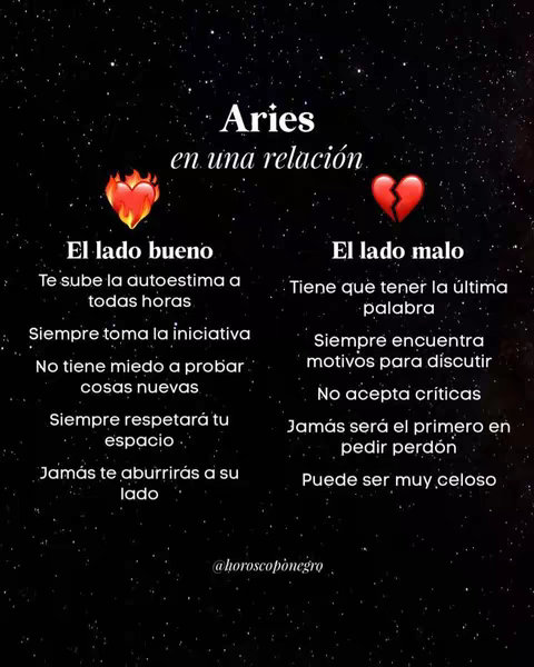 A graphic with a black background filled with white stars. In the center, it presents information about Aries in relationships. On the left, under the title 'El lado bueno' (The good side), the text lists positive traits, and on the right, under 'El lado malo' (The bad side), negative traits are listed. The top has the title 'Aries en una relación'.