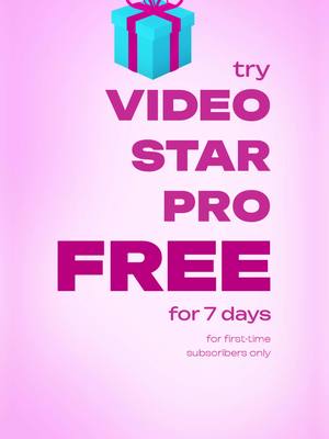 A pink gradient background with a cyan gift box at the top. Below the box, large text in fuchsia pink reads 'VIDEO STAR PRO FREE' with 'try' above and 'for 7 days' below, and 'for first-time subscribers only' at the bottom.