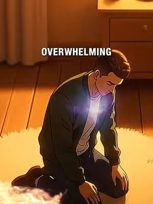 A stylized illustration shows a man kneeling on a fluffy rug with his head bowed. A bright light emanates from his chest. The text overlay 'OVERWHELMING' appears above the man's head. The background contains a wooden floor, and a nightstand is visible in the upper right corner. The overall color scheme is warm, with orange and brown tones.