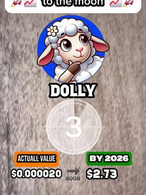 The image features a cartoon sheep character inside a blue circle, with white fluffy wool and a daisy on its head. The word "DOLLY" is below. Beneath this image, are text blocks indicating value with the text: "ACTUALL VALUE $0.000020" next to an arrow labeled 'SOON', and then the text "BY 2026 $2.73". The background has a grainy wood-like texture.