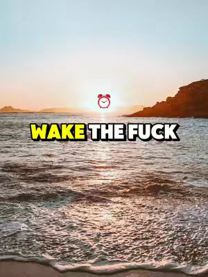 The image captures a sunrise over the ocean. The sky transitions from light blue to orange, reflecting on the water's surface. The foreground shows the foamy edge of the waves meeting the sandy shore, while a black silhouette of land and a clock icon is placed at the center. Bold, yellow-outlined text overlays on the bottom, adding a layer of messaging.