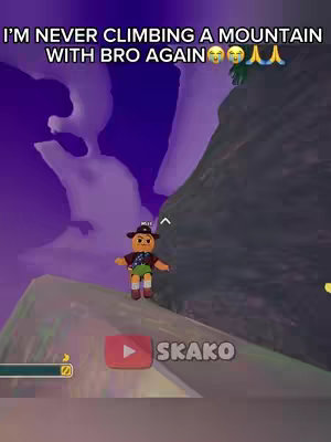 A cartoon character is standing on a ridge of a mountain, with a vast purple sky in the background. Text overlays the image.