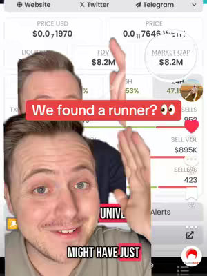 The image is a screen capture with a man in the foreground and data tables in the background. Overlay text in a red bar reads, 'We found a runner?'. The man is looking towards the viewer and smiling, and has a speech bubble below showing 'MIGHT HAVE JUST'.